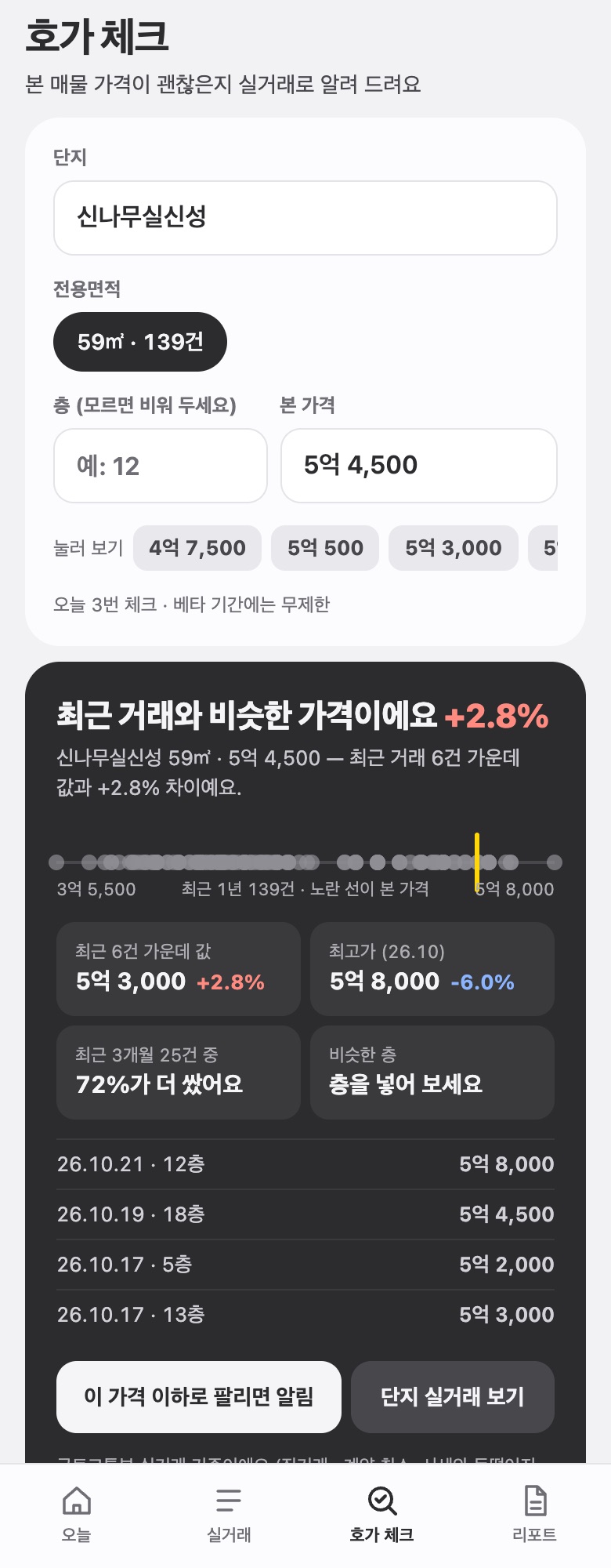 호가 체크 화면: 본 가격을 넣으면 최근 실거래와 비교한 판정