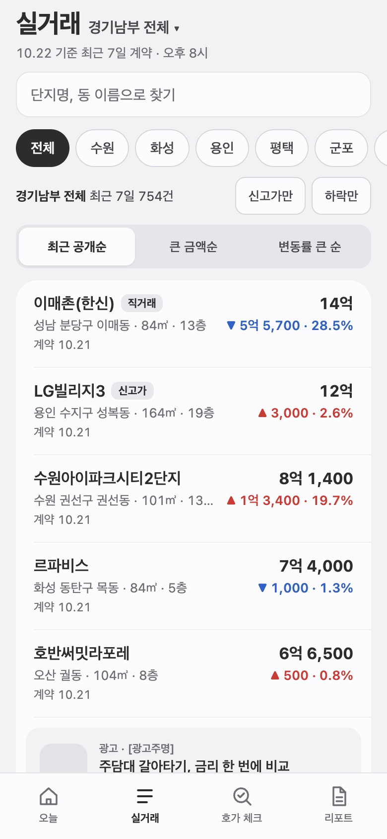 실거래 목록: 최근 공개순, 직전 거래 대비 변동